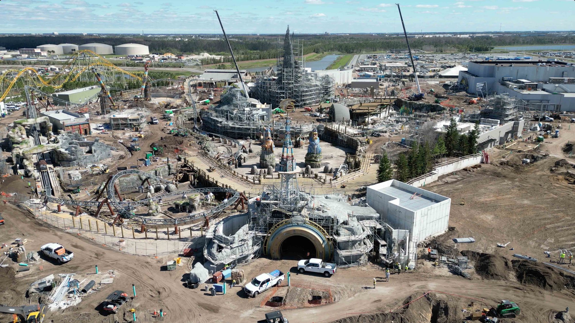 construction of theme park with portal and buildings